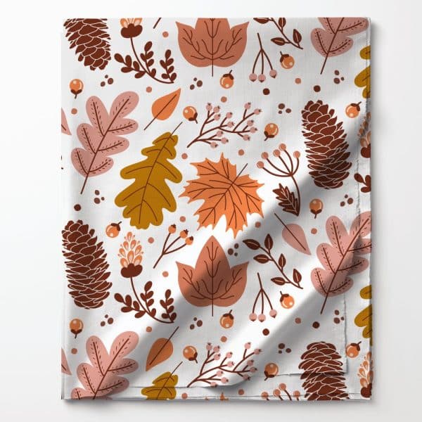 Autumn-Themed Fabric Featuring A Repeating Pattern Of Leaves, Pine Cones, And Berries In Shades Of Orange, Brown, And Pink On A White Background.