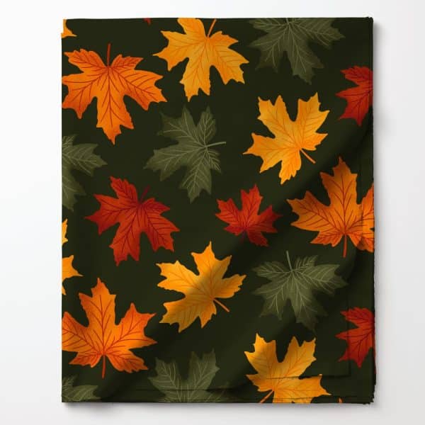 Dark Green Fabric With A Repeating Pattern Of Orange, Red, And Olive Green Maple Leaves.