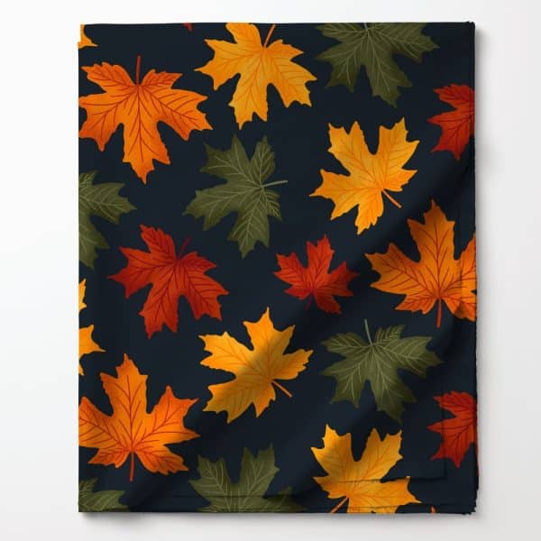 Dark Fabric With A Repeating Pattern Of Orange, Red, And Green Maple Leaves.