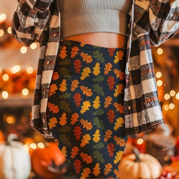 Autumn-Leaf Patterned Leggings On A Woman.