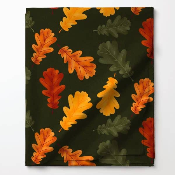 Dark Green Fabric With A Repeating Pattern Of Orange And Green Oak Leaves.