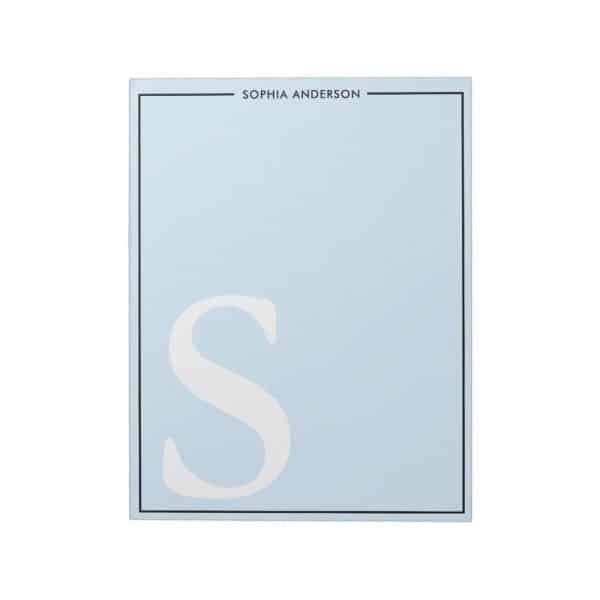 Light Blue Notepad With A Large White Letter S And The Name Sophia Anderson At The Top.