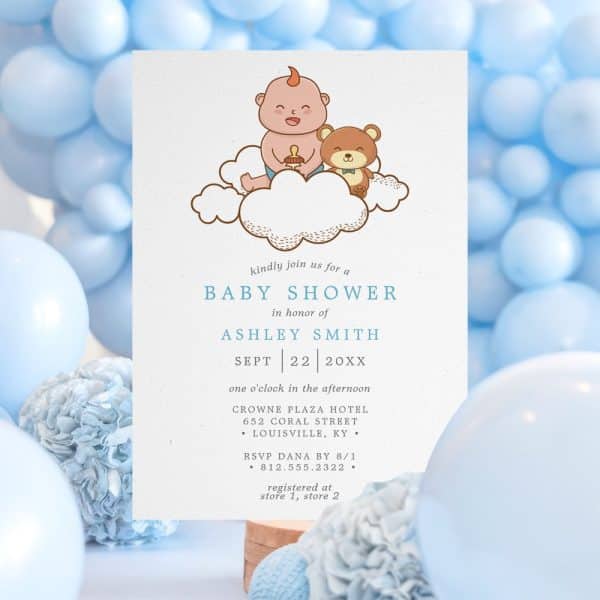 Baby Shower Invitation Featuring A Cartoon Baby And Teddy Bear Sitting On A Cloud.