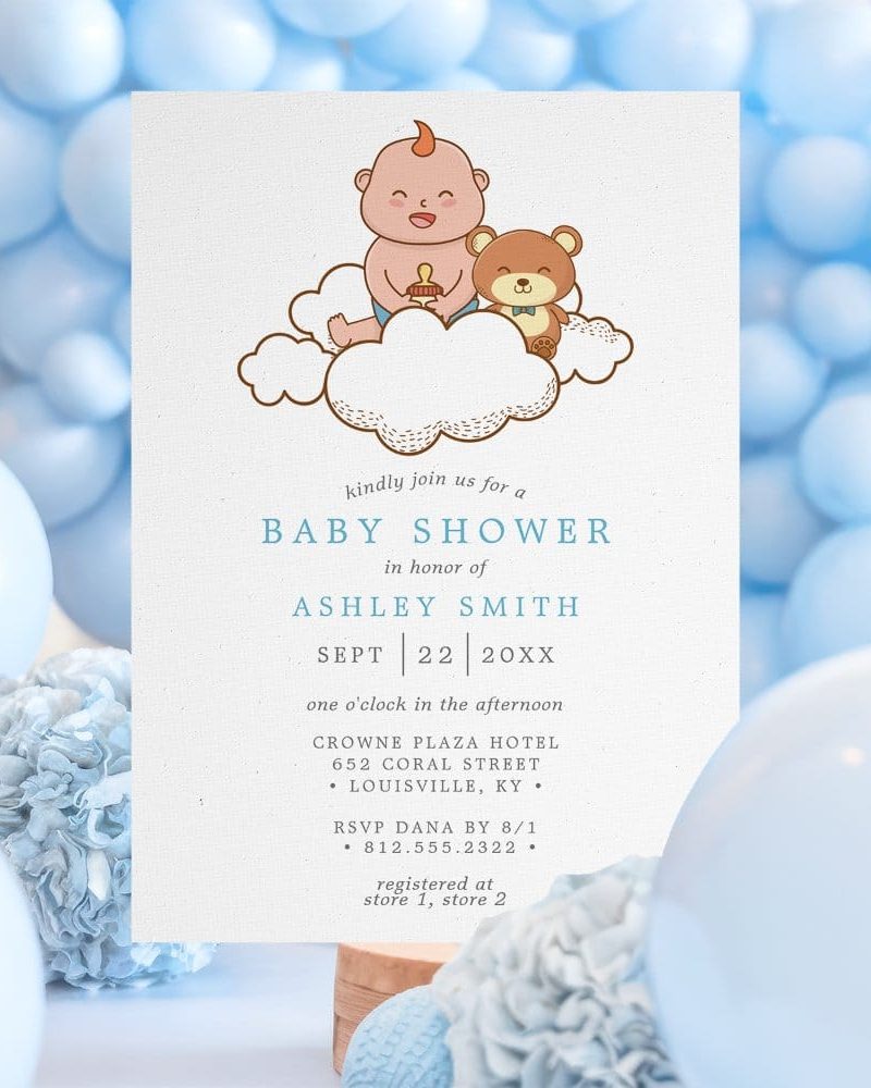Baby shower invitation featuring a cartoon baby and teddy bear sitting on a cloud.