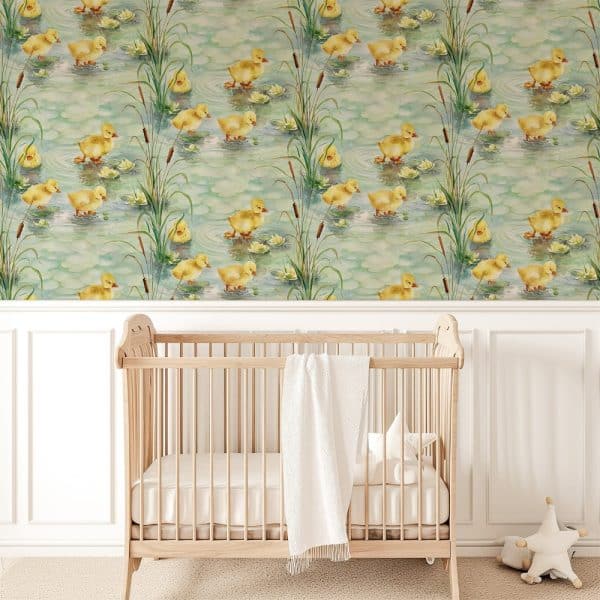 Watercolor Duckling Wallpaper Featuring Numerous Yellow Ducklings Swimming Amongst Reeds And Lily Pads.