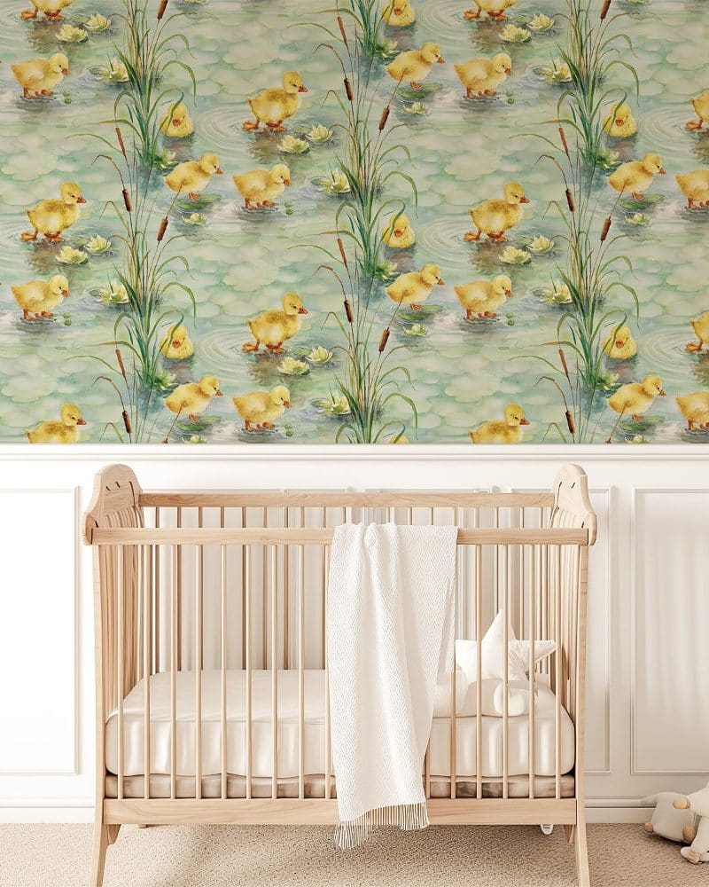 Watercolor duckling wallpaper featuring numerous yellow ducklings swimming amongst reeds and lily pads.