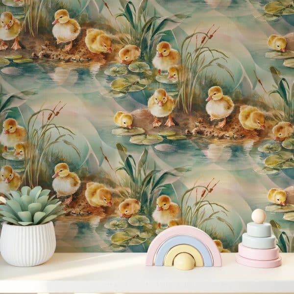 Watercolor Painting Of Ducklings By A Pond.