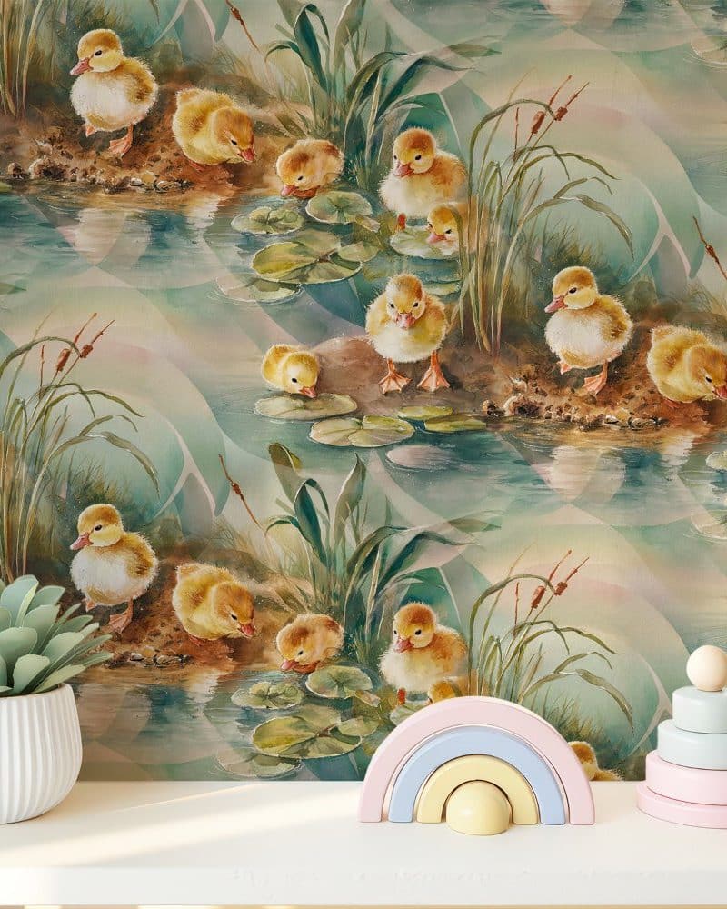 Watercolor painting of ducklings by a pond.