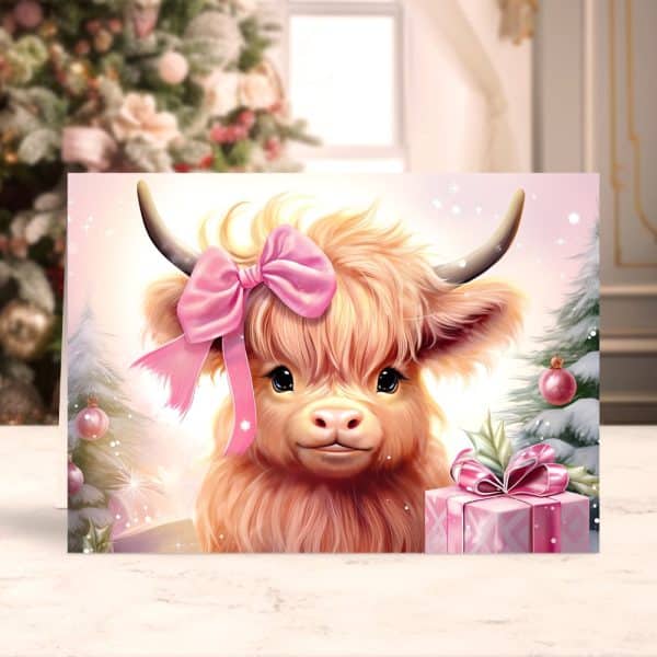 Christmas Card Featuring A Highland Cow With A Pink Bow.