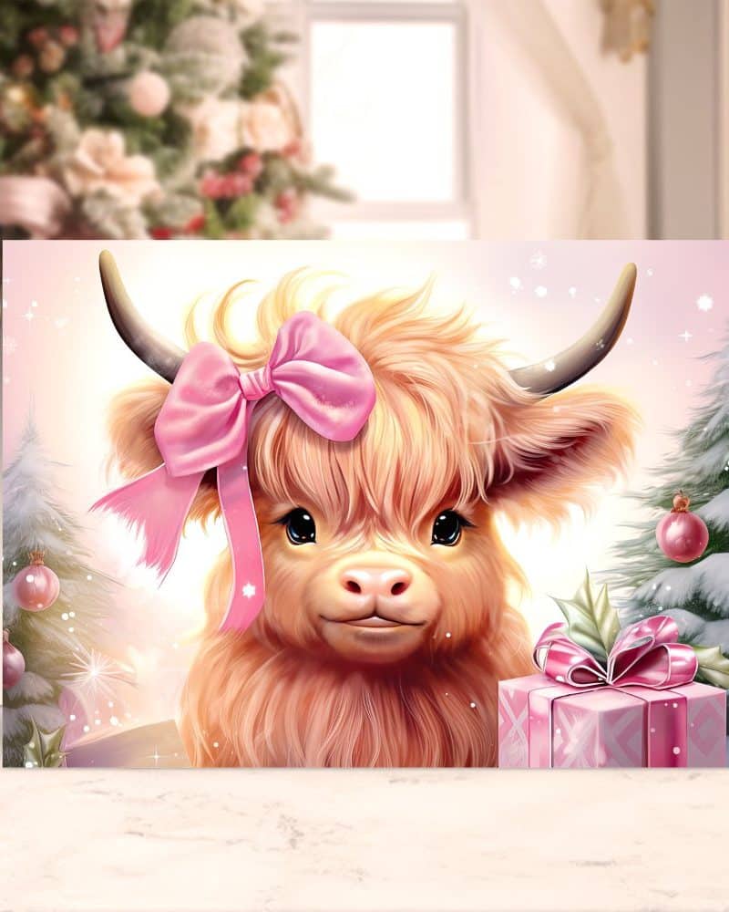 Christmas card featuring a Highland cow with a pink bow.