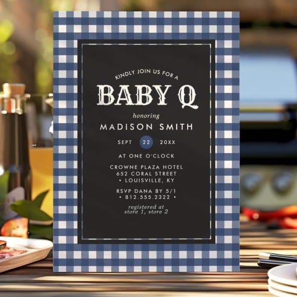 Blue Gingham Baby Shower Invitation For Madison Smith.