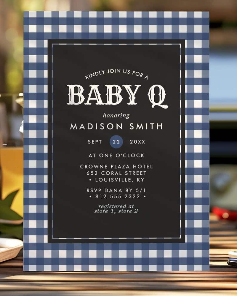 Blue gingham baby shower invitation for Madison Smith.