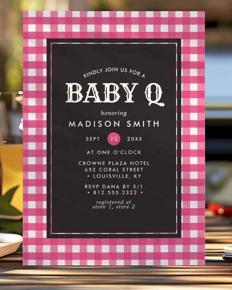 Pink gingham baby shower invitation for Madison Smith.