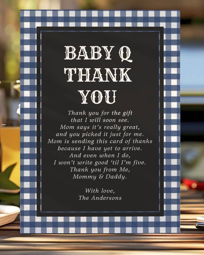 Baby Q thank you card with a poem from the parents to guests.