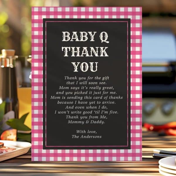Baby Q Thank You Card With Pink Gingham Border. The Card Expresses Gratitude For A Baby Shower Gift.