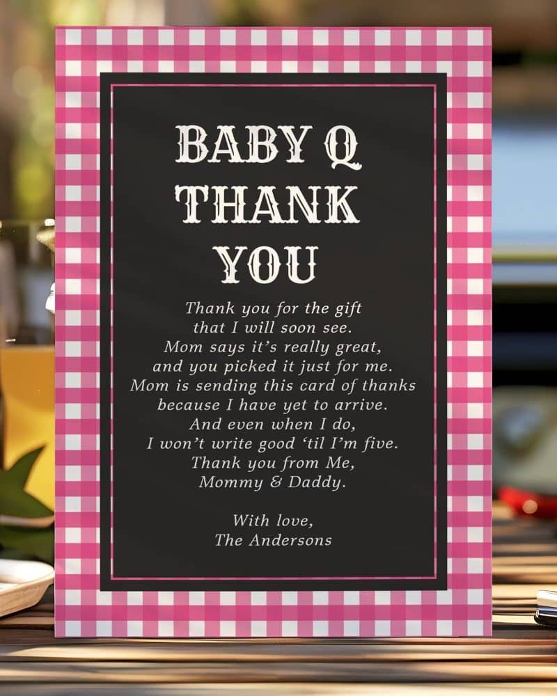 Baby Q thank you card with pink gingham border. The card expresses gratitude for a baby shower gift.