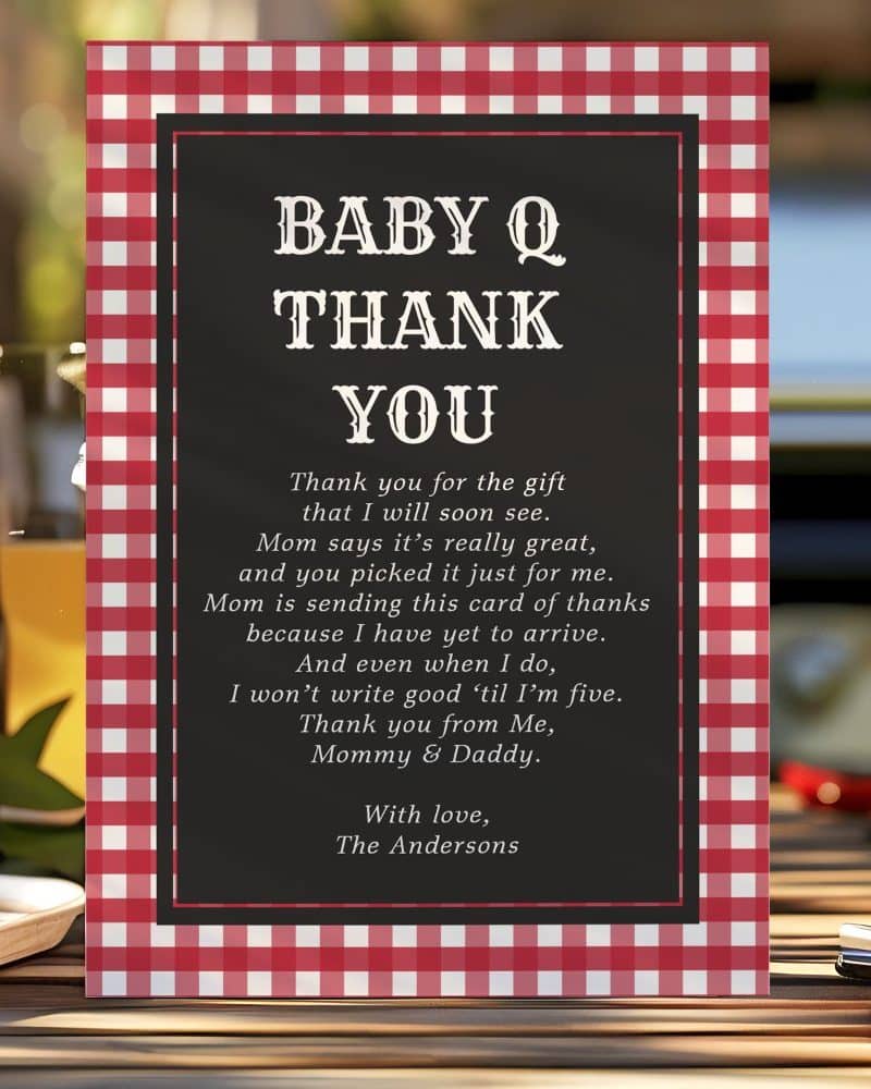 Baby Q thank you card with red and white gingham border.