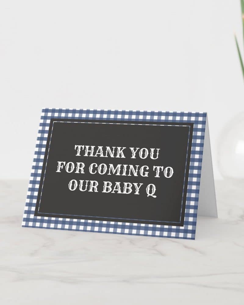 Blue and white gingham baby shower thank you card.