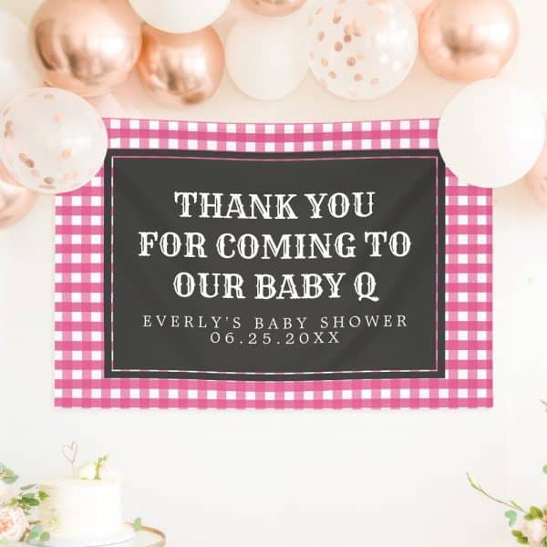 Pink Gingham Baby Shower Thank You Banner. The Banner Says Thank You For Coming To Our Baby Q, With The Baby'S Name And Date.