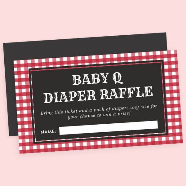 Baby Q Diaper Raffle Ticket. Red And Black Gingham Design.