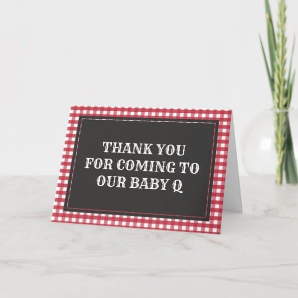 Red And White Gingham Baby Shower Thank You Card. The Card Says Thank You For Coming To Our Baby Q.