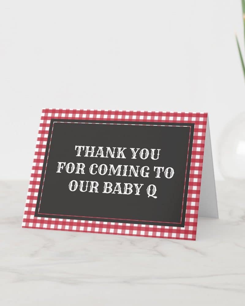 Red and white gingham baby shower thank you card. The card says Thank You for Coming to Our Baby Q.