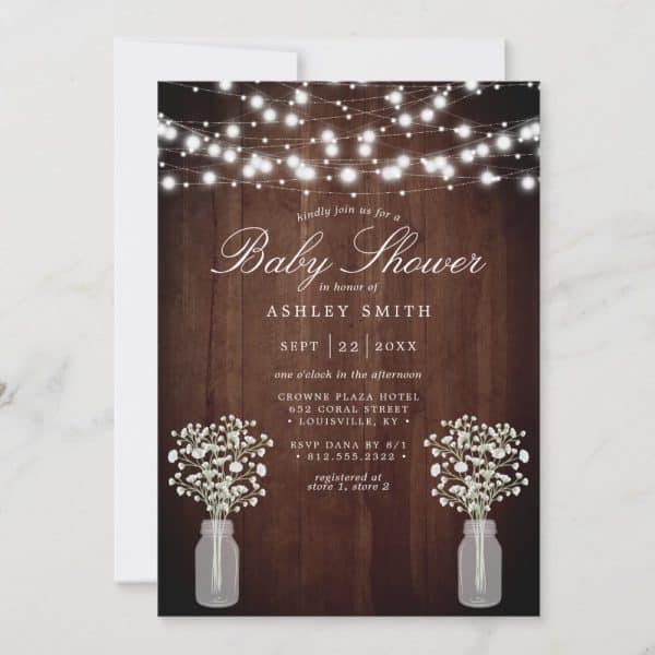 Baby Shower Invitation For Ashley Smith, Featuring String Lights And Mason Jars With Flowers On A Wood Background.
