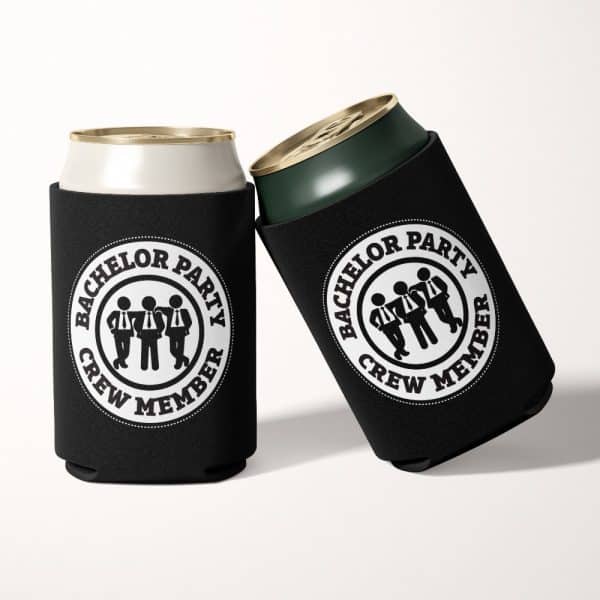 Two Black Can Coolers With A White Circle Graphic That Says Bachelor Party Crew Member. The Graphic Also Includes An Image Of Three Men.