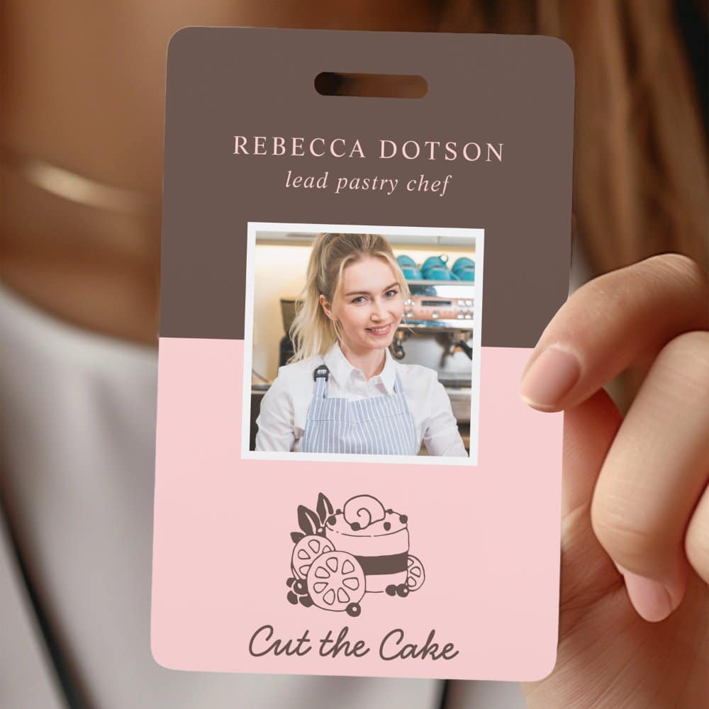 Rebecca Dotson'S Employee Id Card, Identifying Her As Lead Pastry Chef, Features Her Photo And A Cake Design With The Words Cut The Cake.