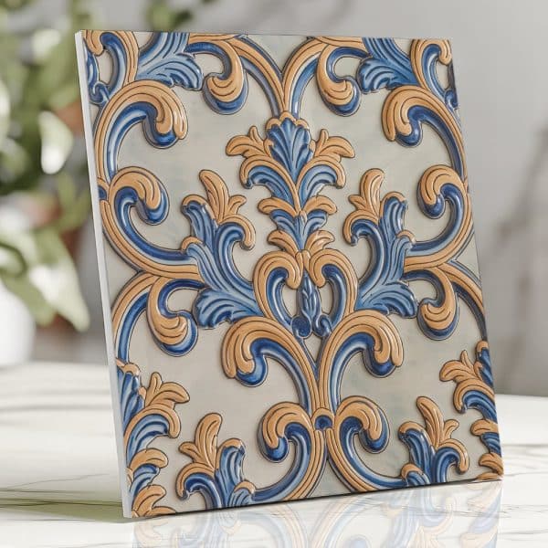 Ornate Tile With Blue And Gold Floral Pattern.