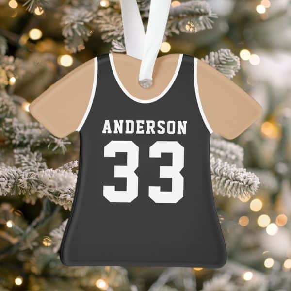 A Dark Gray Jersey-Shaped Christmas Ornament With The Name Anderson And Number 33.