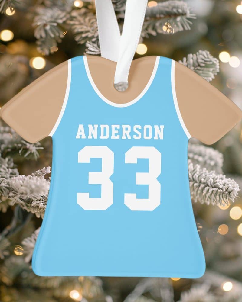 Light blue basketball jersey ornament with the name Anderson and number 33.