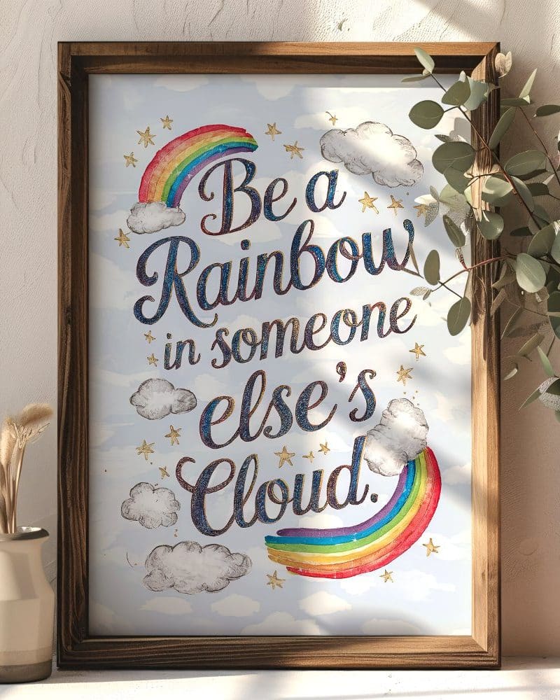 Framed print with a rainbow and the inspirational text, Be a Rainbow in Someone Else's Cloud.