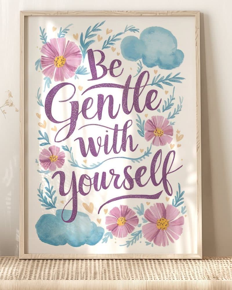 Framed print with purple lettering that says Be Gentle With Yourself surrounded by flowers and clouds.