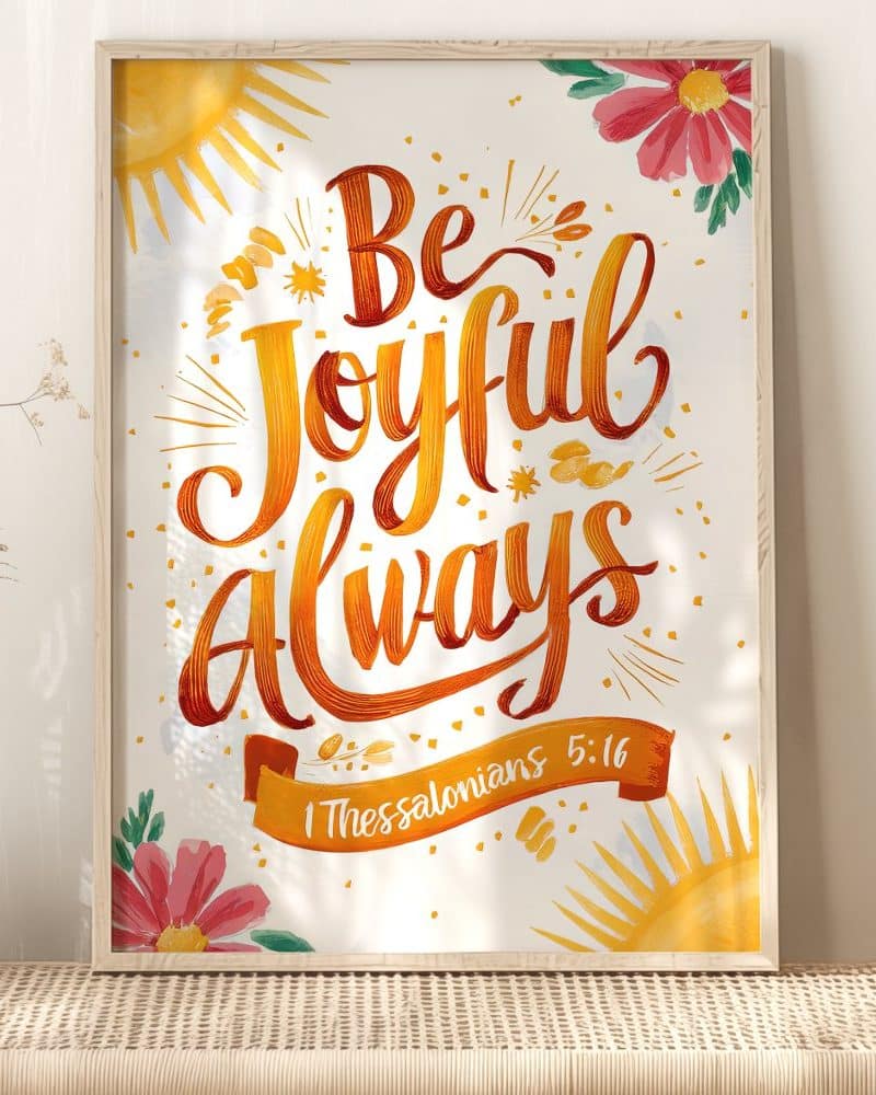 Framed print with the text Be Joyful Always, and a Bible verse reference.
