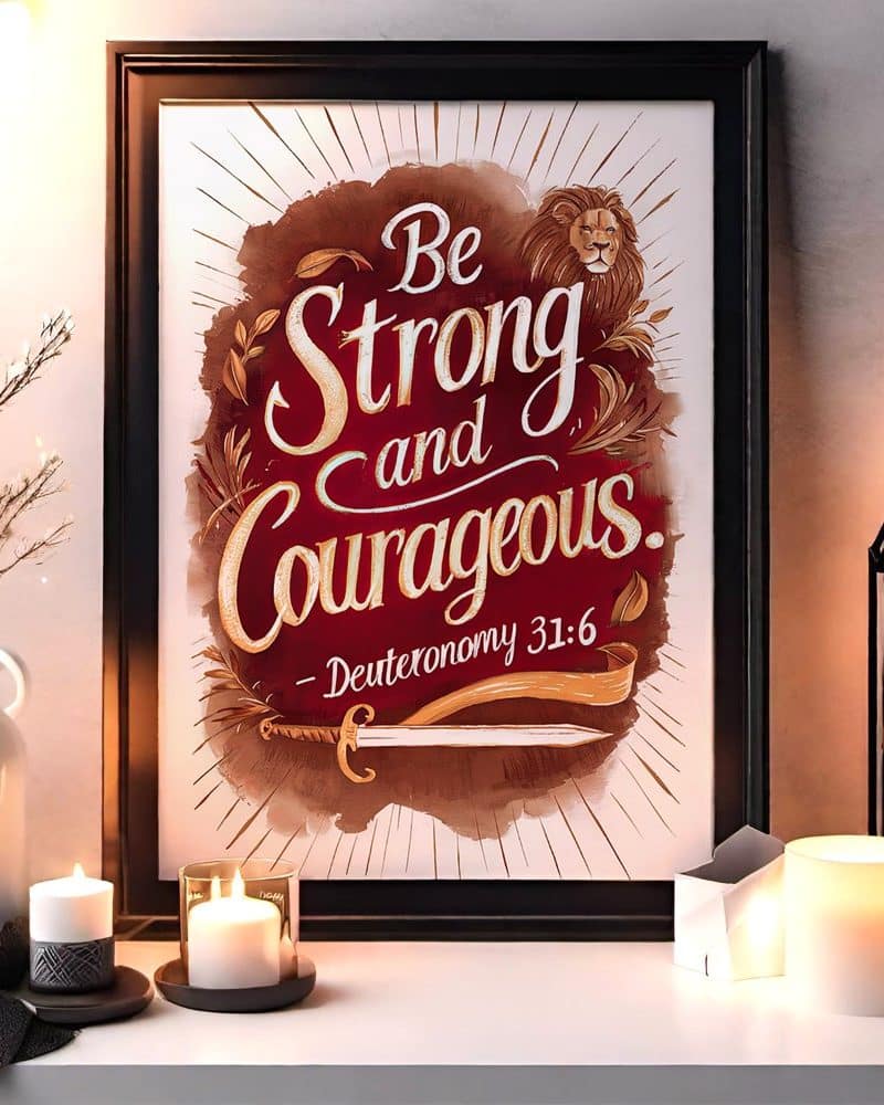 Framed art print with the words Be Strong and Courageous and a Bible verse reference.