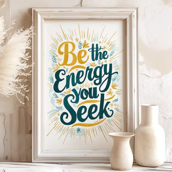 Framed Inspirational Print With The Text Be The Energy You Seek In Teal And Gold Lettering, Accented With Floral Elements And Gold Rays.