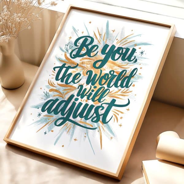 Framed Inspirational Print With Teal Lettering That Reads Be You, The World Will Adjust. The Lettering Is Surrounded By A Gold And Teal Watercolor Design.