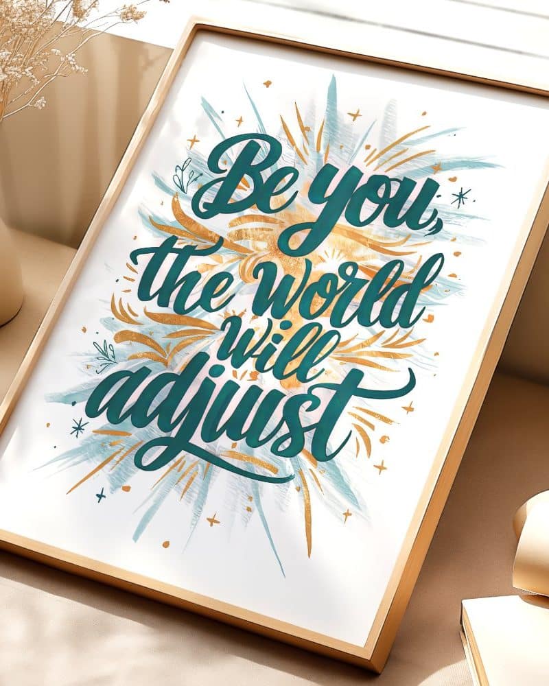 Framed inspirational print with teal lettering that reads Be you, the world will adjust. The lettering is surrounded by a gold and teal watercolor design.