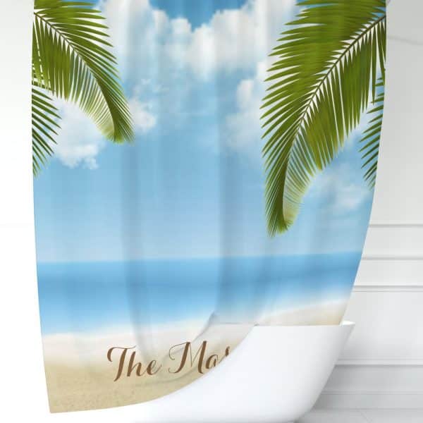 Beach Scene Shower Curtain With Palm Fronds And The Mai Text.
