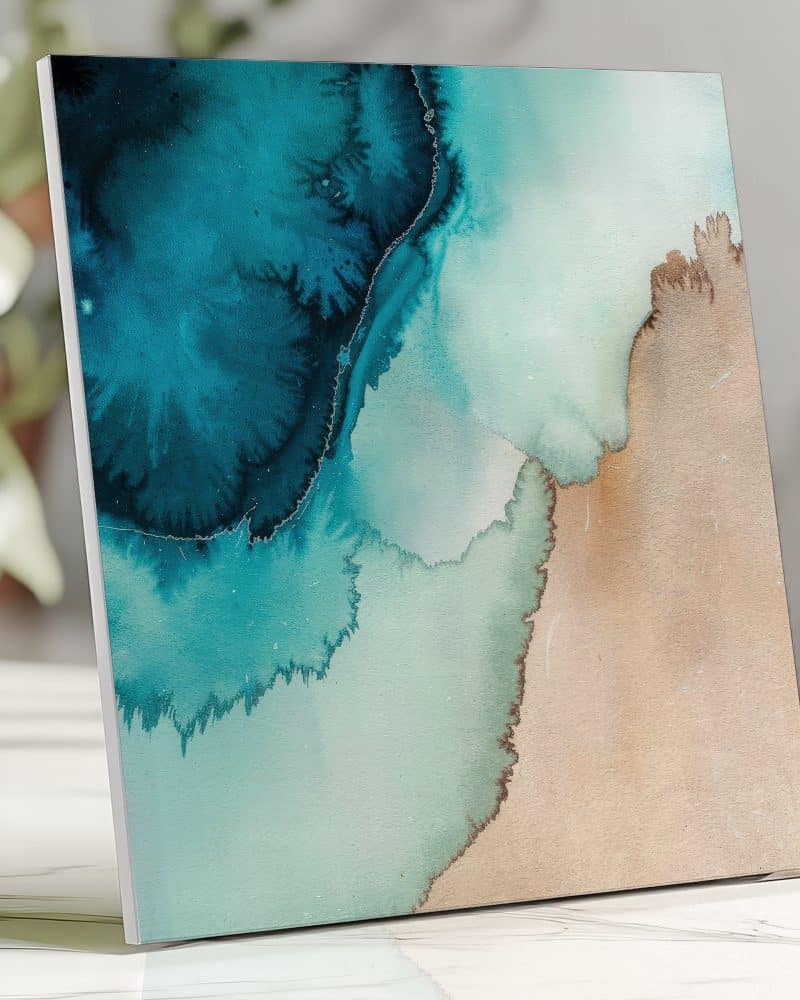Abstract teal and beige watercolor painting.