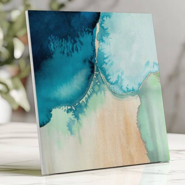 Abstract Painting Of Teal And Green Watercolor Washes On A Beige Background.