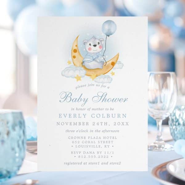 Baby Shower Invitation Featuring A Watercolor Illustration Of A Teddy Bear Sitting On A Crescent Moon With A Balloon.