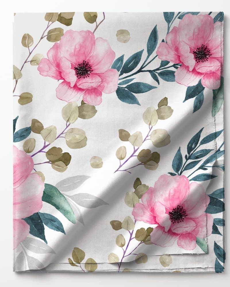 Watercolor pink flowers and eucalyptus leaves on a white background.
