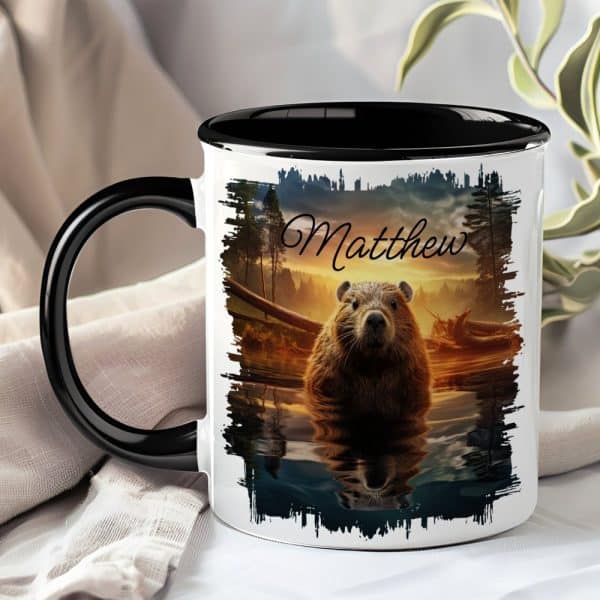 A Black And White Mug With A Personalized Name, Matthew, And A Beaver In A Sunset Scene.