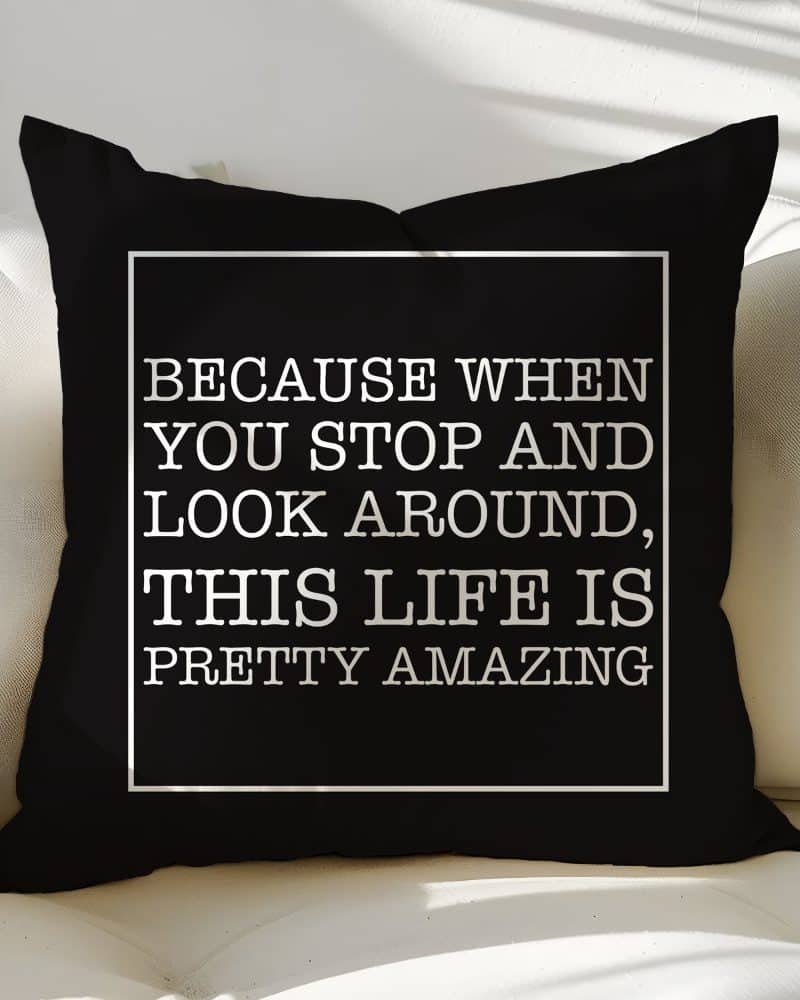 Black throw pillow with white text: Because when you stop and look around, this life is pretty amazing.