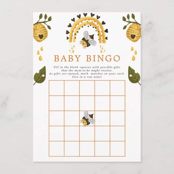 Baby Shower Bingo Card Featuring A Cute Bee And Rainbow Design.