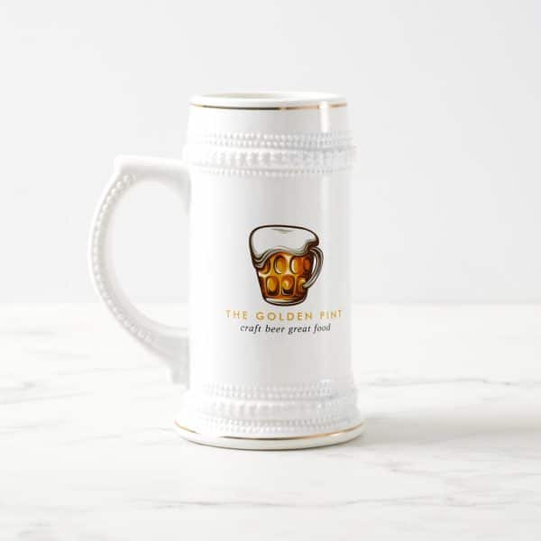 White Beer Stein With The Golden Pint Logo.