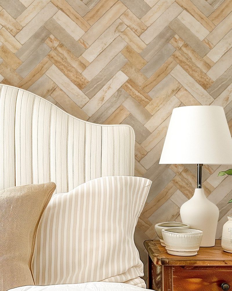 Beige and tan striped headboard with matching pillows against a herringbone patterned wall.