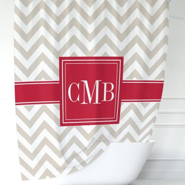 Beige Chevron Patterned Shower Curtain With Red Monogram Cmb.